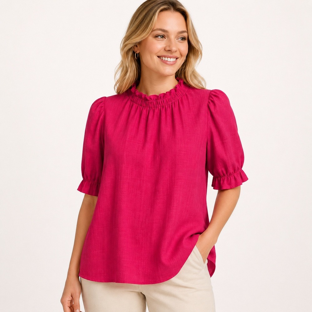 THML Blouse Ruffle Neck Ruched Puff Sleeve Womens Magenta Pink M FTM2364-MG